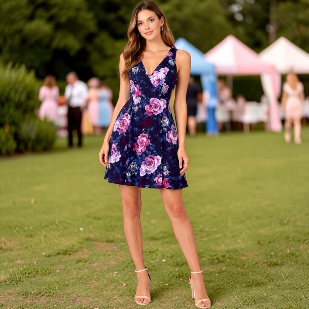 TRIXXI Navy Pink Blue Floral Fit And Flare Mini Dress Size 3 Romantic Party